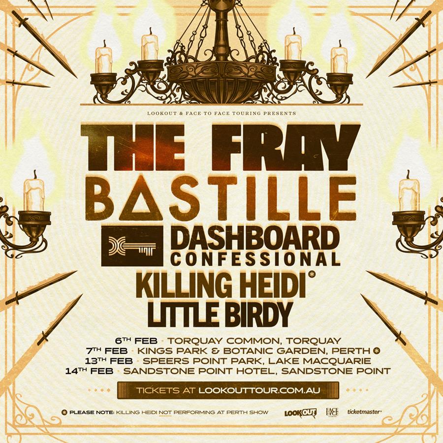 Lookout Tour poster featuring The Fray, Bastille, Dashboard Confessional, Killing Heidi, and Little Birdy with Australian February dates.